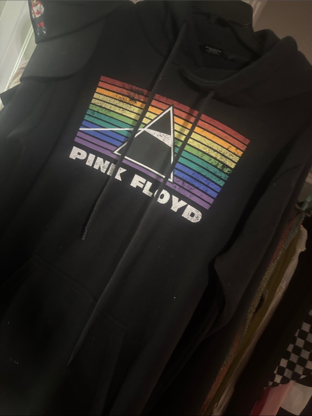 Pink Floyd Black Hoodie with Distressed Rainbow Prism Graphic